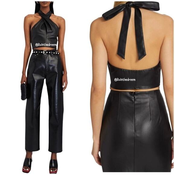 #T188 STAUD Kai Cropped Vegan Leather Halterneck Top Black SIZE 6 NWT $198 - Picture 2 of 16